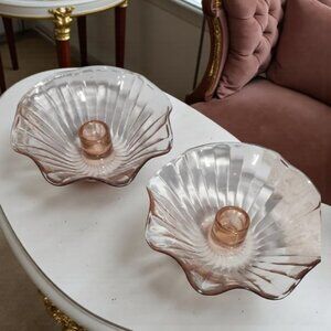 Vintage Anchor Hocking Pink Depression Glass Shell Candlestick Holders - Set of